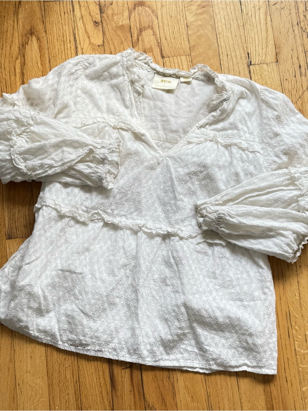 Anthropologie White Textured Ruffle V-Neck Blouse